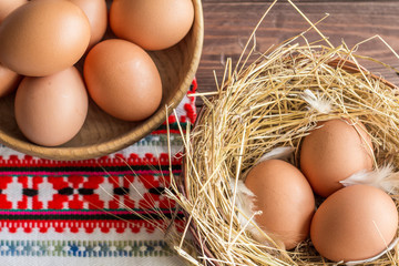 Wicker basket with chicken eggs