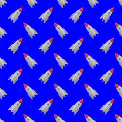Space Rocket Flying on Blue Sky Background. Seamless Pattern