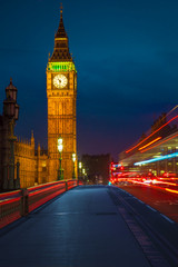 Big Ben and Westminster Bridge at night.