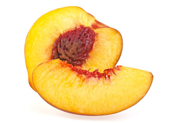 Nectarine fruit half isolated on white background, close up