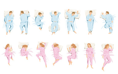 Illustrazione di differenti posizioni che si assumono mentre si dorme e si sogna - obrazy, fototapety, plakaty