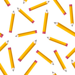 Seamless pattern with yellow pencils on white background. Back to school texture with comic pencils. Vector Illustration.