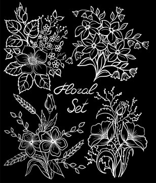 beautiful monochrome black and white floral collection with leaves and flowers set.