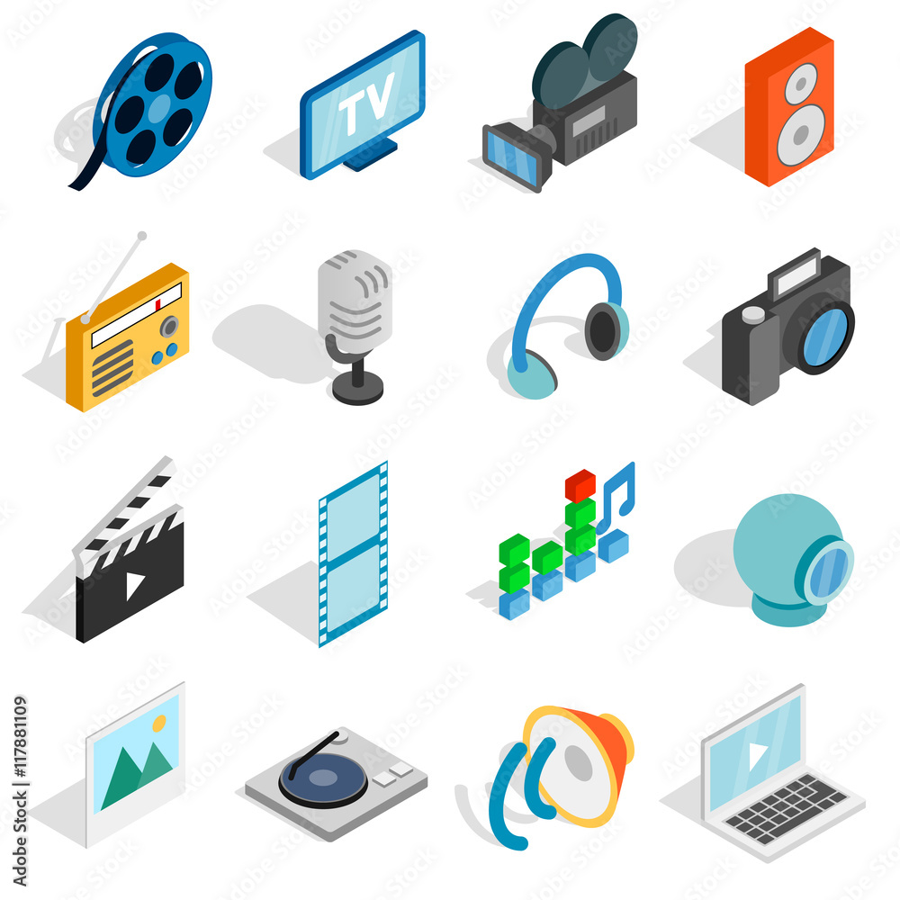 Poster isometric media icons set. universal media icons to use for web and mobile ui, set of basic media el