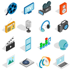 Isometric media icons set. Universal media icons to use for web and mobile UI, set of basic media elements isolated vector illustration