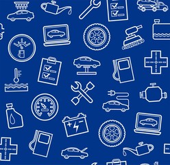 Repair and maintenance of vehicles, seamless blue background. Vector flat background with drawings of services an auto repair shop. White, linear image on a blue background. 
