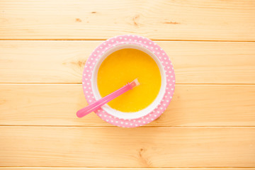 Healthy natural eco baby lure. Soup of squash, carrot, onion, ca
