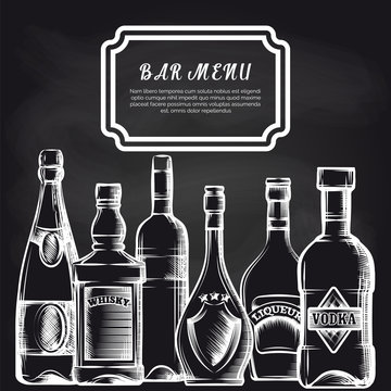 Bar menu background with hand drawn bottles on chalkboard. Vector illustration