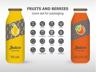 Bottle of juice, sugar water, tea or cocktail with drawing pear and orange. Isolated on the white background. Concept design for juice or cocktail. Product packaging mockup.
