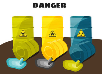 Waste products flow from the barrels with the sign of dangerous. Vector - 117883148