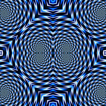 Abstract Psychedelic Rotating Blue Background Of Circular Concentric Shapes. Blue And White Abstract Rotating And Vibrating Pattern 