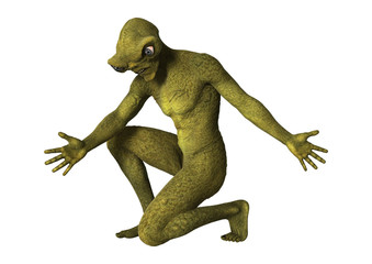 3D Rendering Green Alien on White