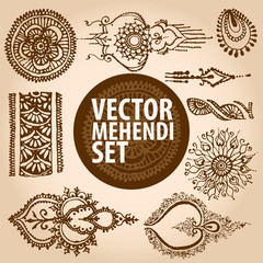 vector set : illustration mehendi, henna tattoo