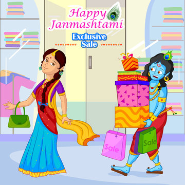 Radha and Krishna doing Janmashtami sale shopping