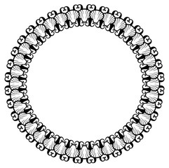 Black and white round frame with shells. Vector clip art.