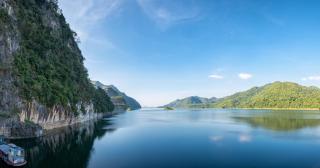 Dam blue water with mountain range clear panorama scenic, vajiralongkorn , khao laem, kanchanaburi