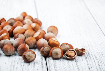 hazelnuts on a wooden table