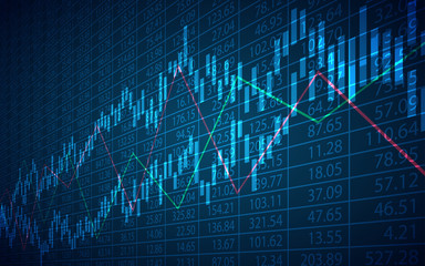 Abstract Business chart with trend line graph and stock numbers with bar chart on blue background (vector)