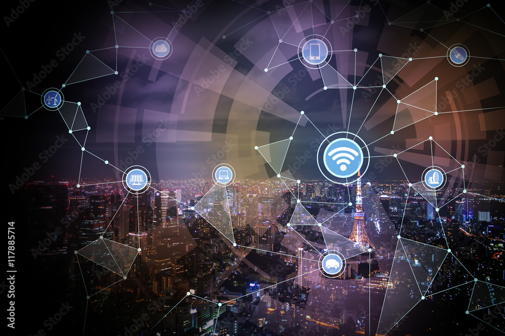 Aufkleber wired network concept icons, wireless communication network, IoT(internet of things), CPS(Cyber-Physical Systems), ICT(Information Communication Technology), abstract image visual
