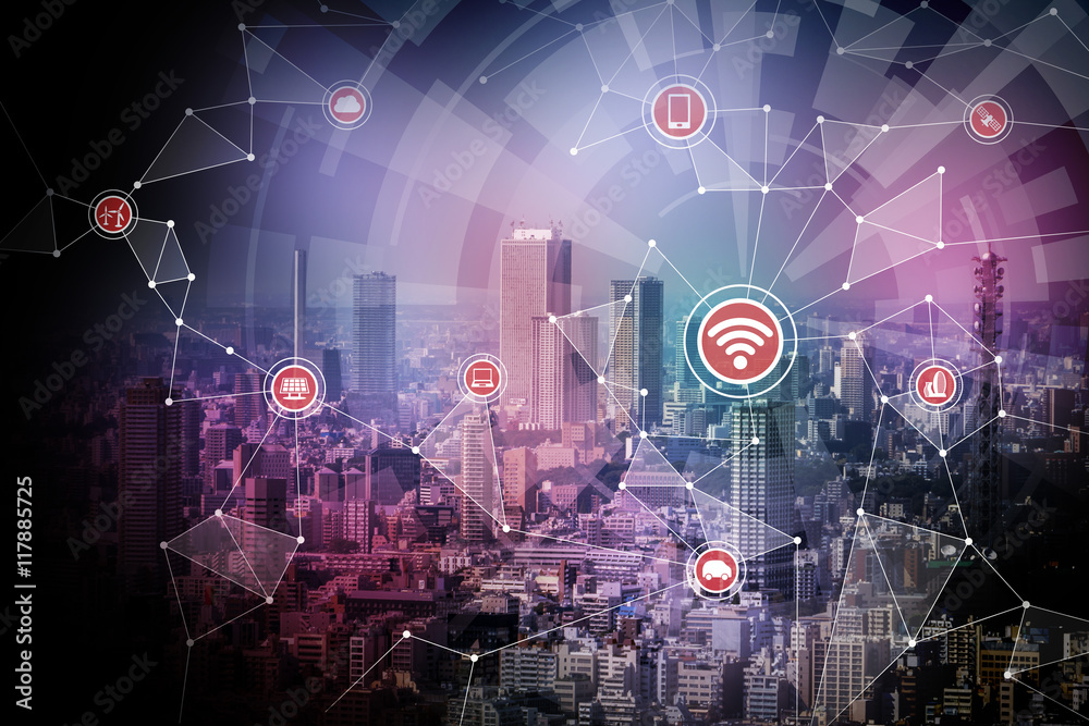 Leinwandbilder wired network concept icons, wireless communication network, IoT(internet of things), CPS(Cyber-Physical Systems), ICT(Information Communication Technology), abstract image visual