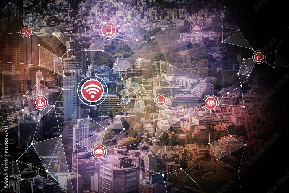 Fototapete wired network concept icons, wireless communication network, IoT(internet of things), CPS(Cyber-Physical Systems), ICT(Information Communication Technology), abstract image visual