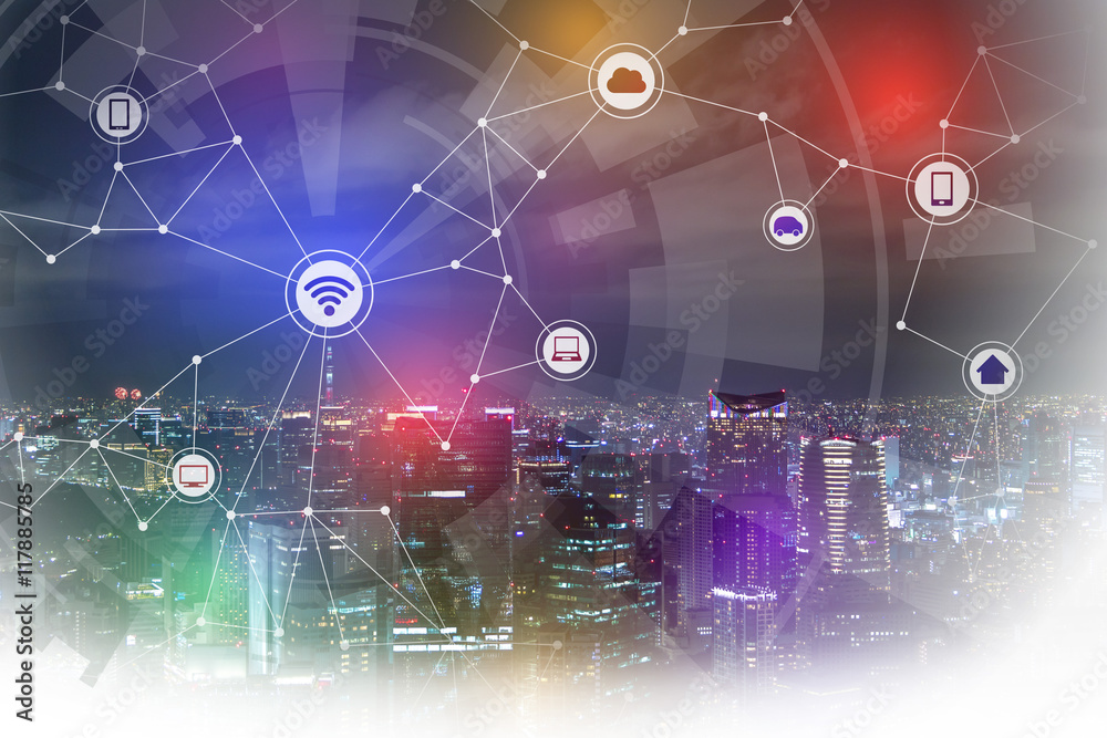 Fototapete smart city and wireless communication network, iot(internet of things), cps(cyber-physical systems),