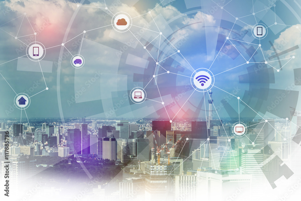 Poster smart city and wireless communication network, IoT(internet of things), CPS(Cyber-Physical Systems), ICT(Information Communication Technology), abstract image visual