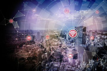 wired network concept icons, wireless communication network, IoT(internet of things), CPS(Cyber-Physical Systems), ICT(Information Communication Technology), abstract image visual