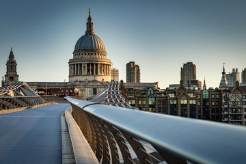 St Paul’s cathedral dome and the rail from the Millennium bridge, early in the morning twilight...