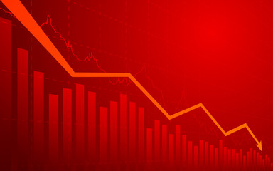 Business chart with arrow downtrend line graph, bar chart and stock numbers in bear market on red background (vector)