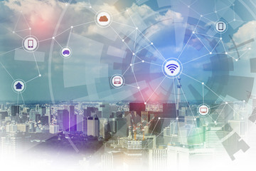 Fototapeta na wymiar smart city and wireless communication network, IoT(internet of things), CPS(Cyber-Physical Systems), ICT(Information Communication Technology), abstract image visual