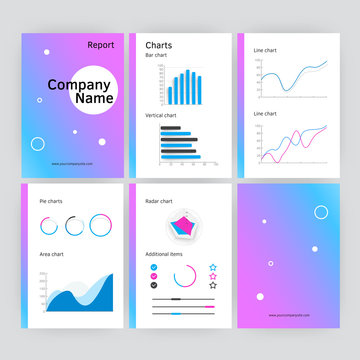  Six page of vector modern annual report template in flat style with shadows. Infographic brochures and flyers for marketing, data visualization, presentations, websites, applications, print.
