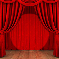 Stage with red curtain and wooden floor