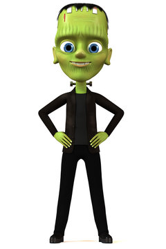 3D illustrations. Cheerful cartoon character Frankenstein though