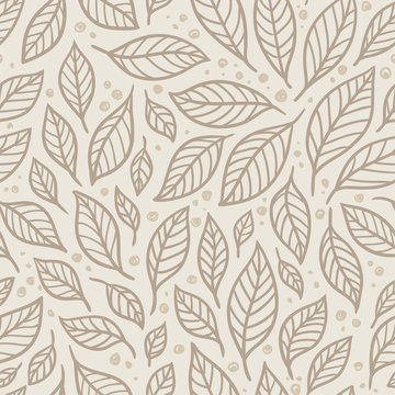 Vector seamless illustration of sweets on a beige background. The pattern of leaves.