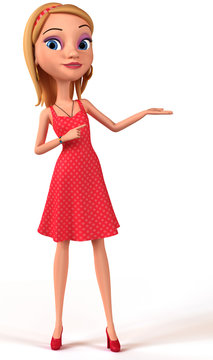Cheerful girl on a white background shows at hand. 3d render. Ad