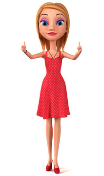 Girl shows two thumbs up on a white background. 3d rendered illu
