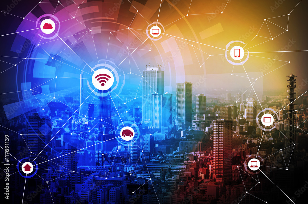 Aufkleber Modern city and wired network concept icons, IoT(internet of things), CPS(Cyber-Physical Systems), ICT(Information Communication Technology), abstract image visual