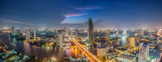 Bangkok Transportation at Dusk with Modern Business Building alo - obrazy, fototapety, plakaty