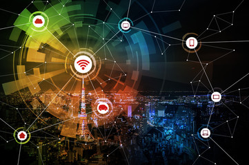 Obraz premium Modern city and wired network concept icons, IoT(internet of things), CPS(Cyber-Physical Systems), ICT(Information Communication Technology), abstract image visual