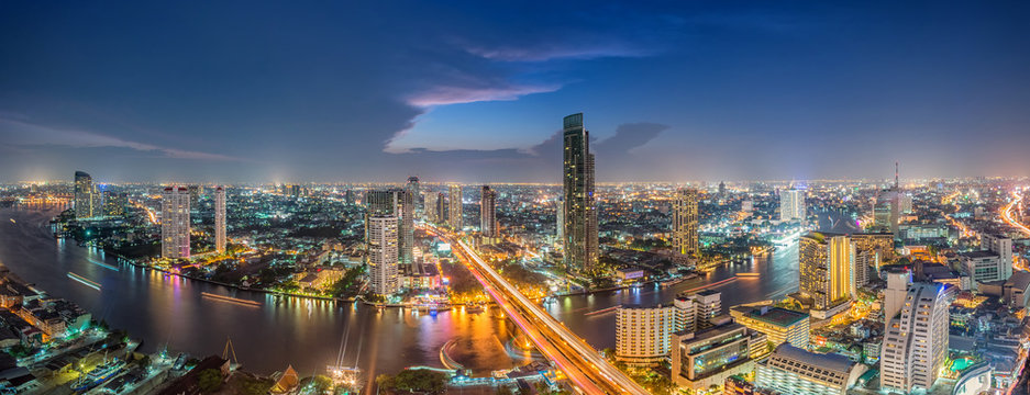 Bangkok Transportation at Dusk with Modern Business Building alo