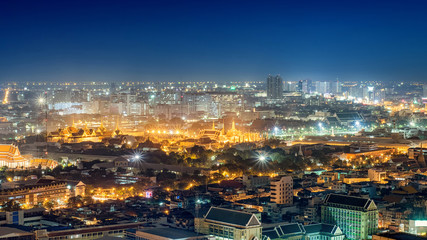 Wat Phra Kaew at night and street, Bangkok city downtown top Vie