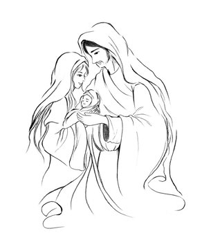recommend clip art: Baby Jesus Mary and Joseph in abstract line art drawing on white background; Christmas holiday season