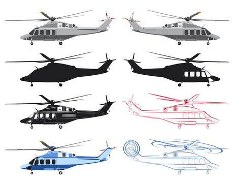 Several images of the helicopter with various kinds of graphic design