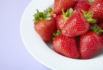 A bowl of fresh ripe strawberries on a purple background