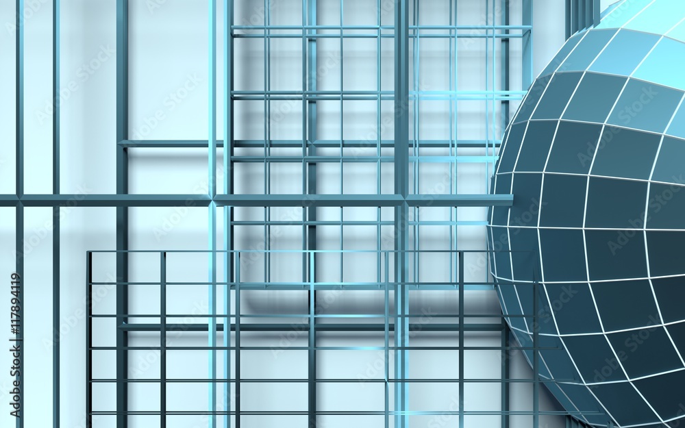 Canvas Prints gridded wireframe sphere on blue background. white lattice. 3d rendering.