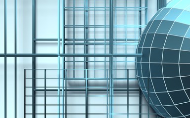Gridded wireframe sphere on blue background. White lattice. 3d rendering.