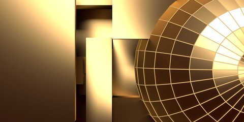 Gridded wireframe golden sphere on yellow background. metal lattice. 3d rendering.