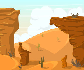Desert landscape with cactuses and mountains. Vector illustration in cartoon style