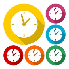 Flat clock icon set on round color background